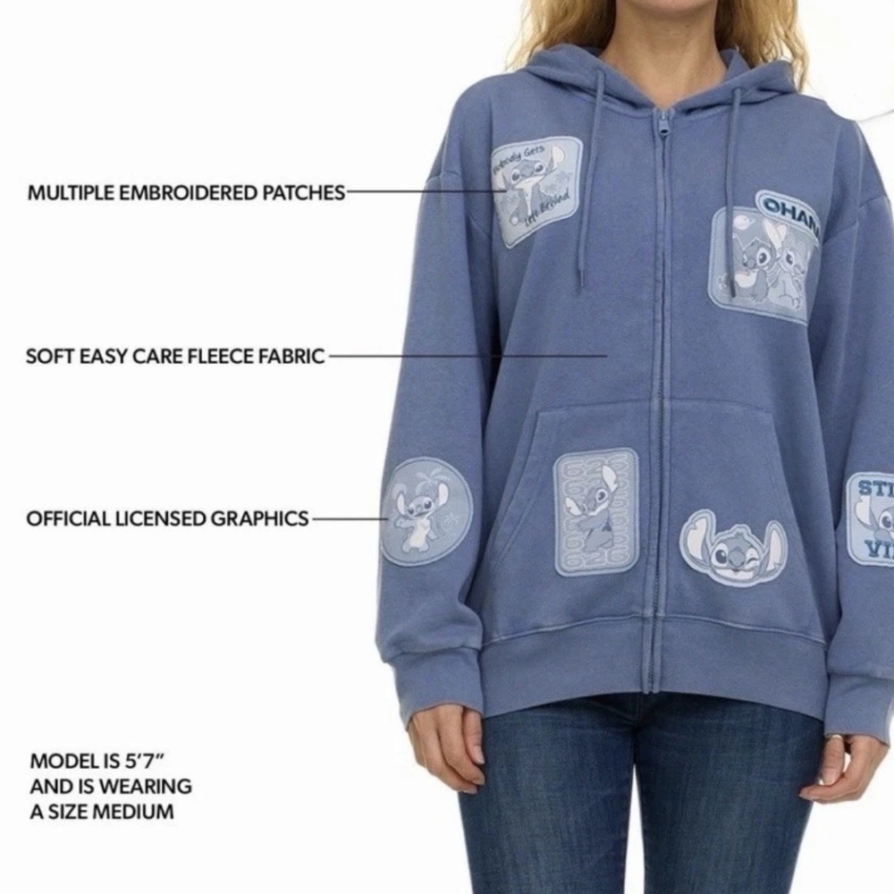 NWT Disney Blue Stitch Patch Zip Hoodie - Picture 5 of 10